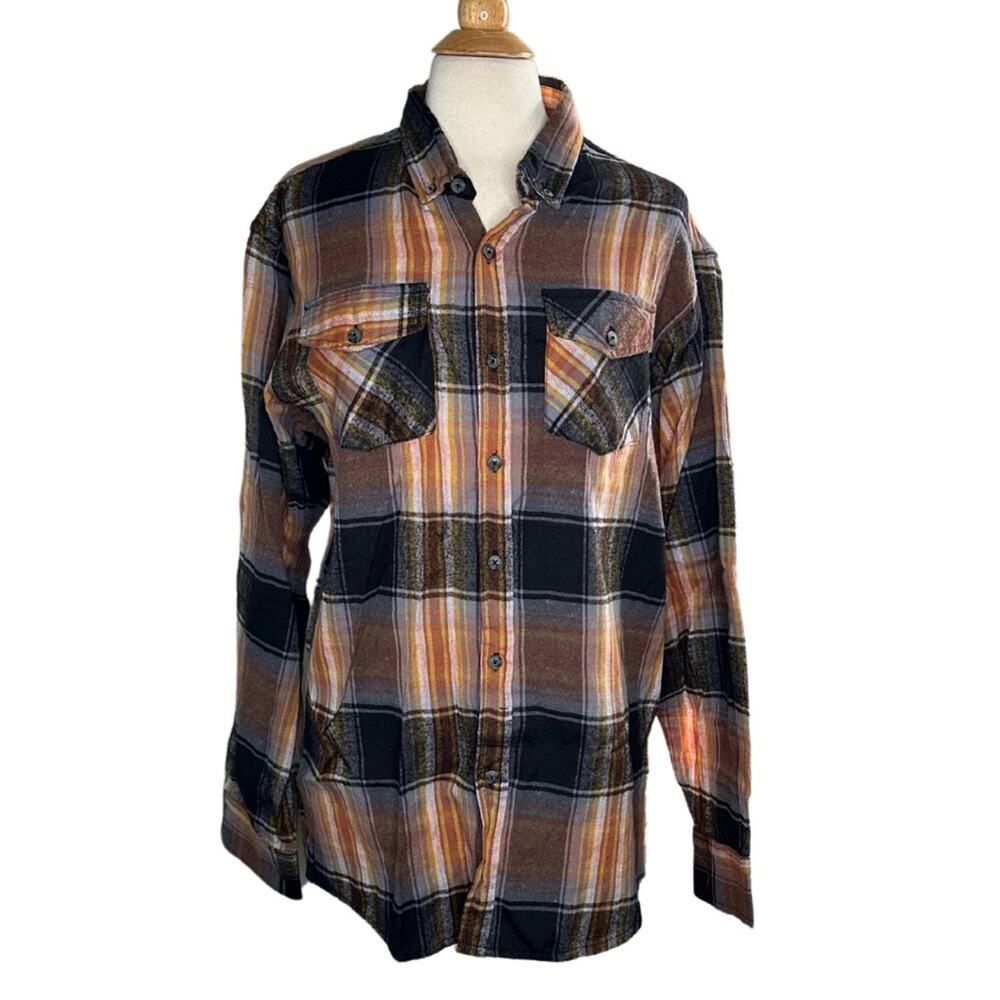Architect Jeans Co Plaid Brown Neutral Yellow Flannel Button Down Shirt 1BB3